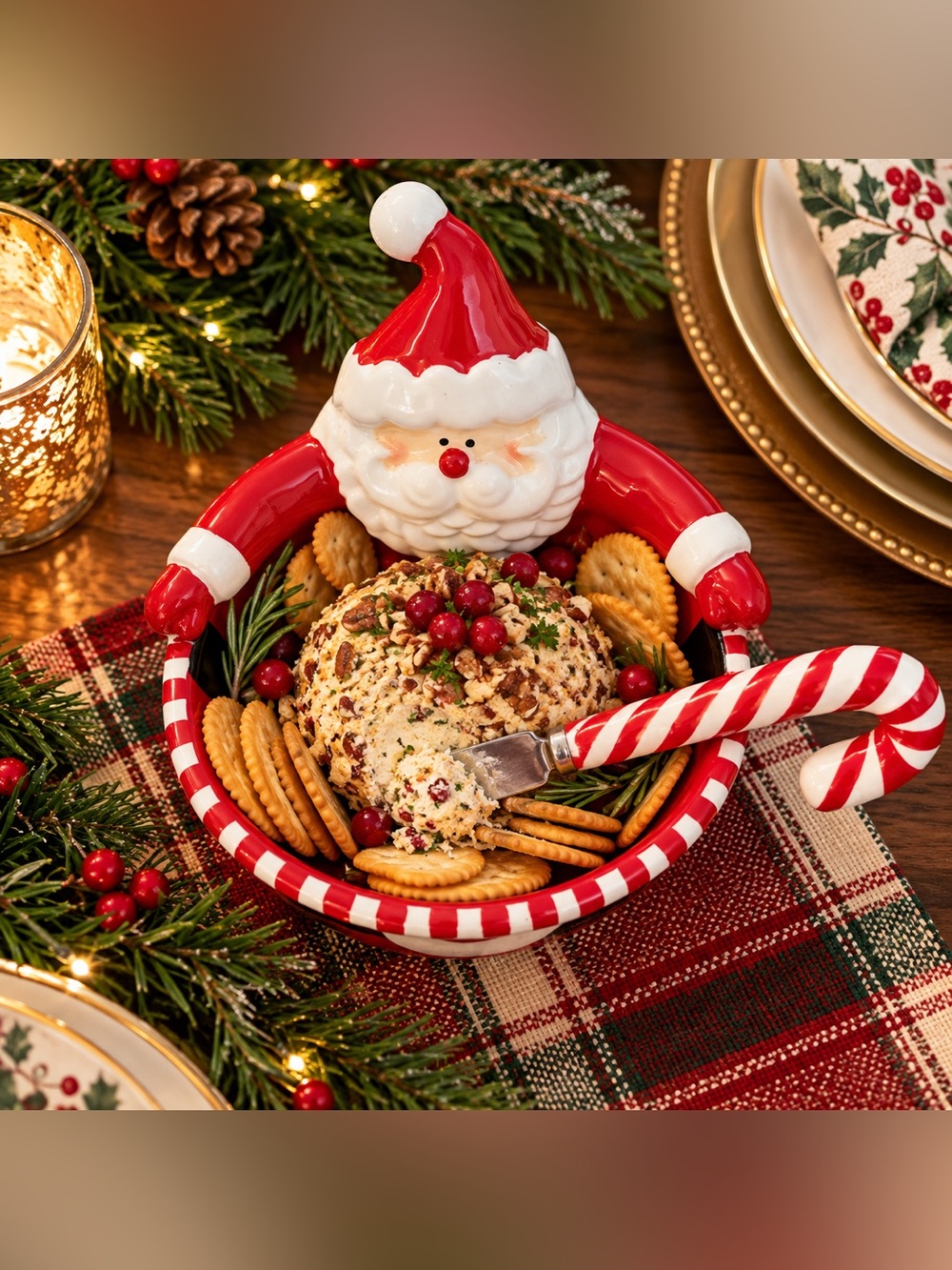 🎅 Mud Pie Santa Christmas Dip Bowl & Candy Cane Spreader